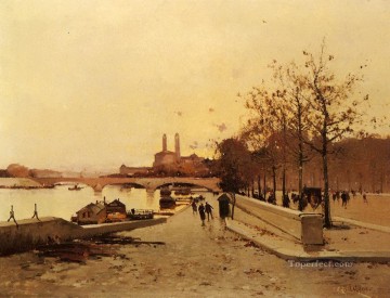 Pont Sue La Seine Avec Une Vue Sur L ancien Trocadero Eugene Galien Laloue París Pinturas al óleo